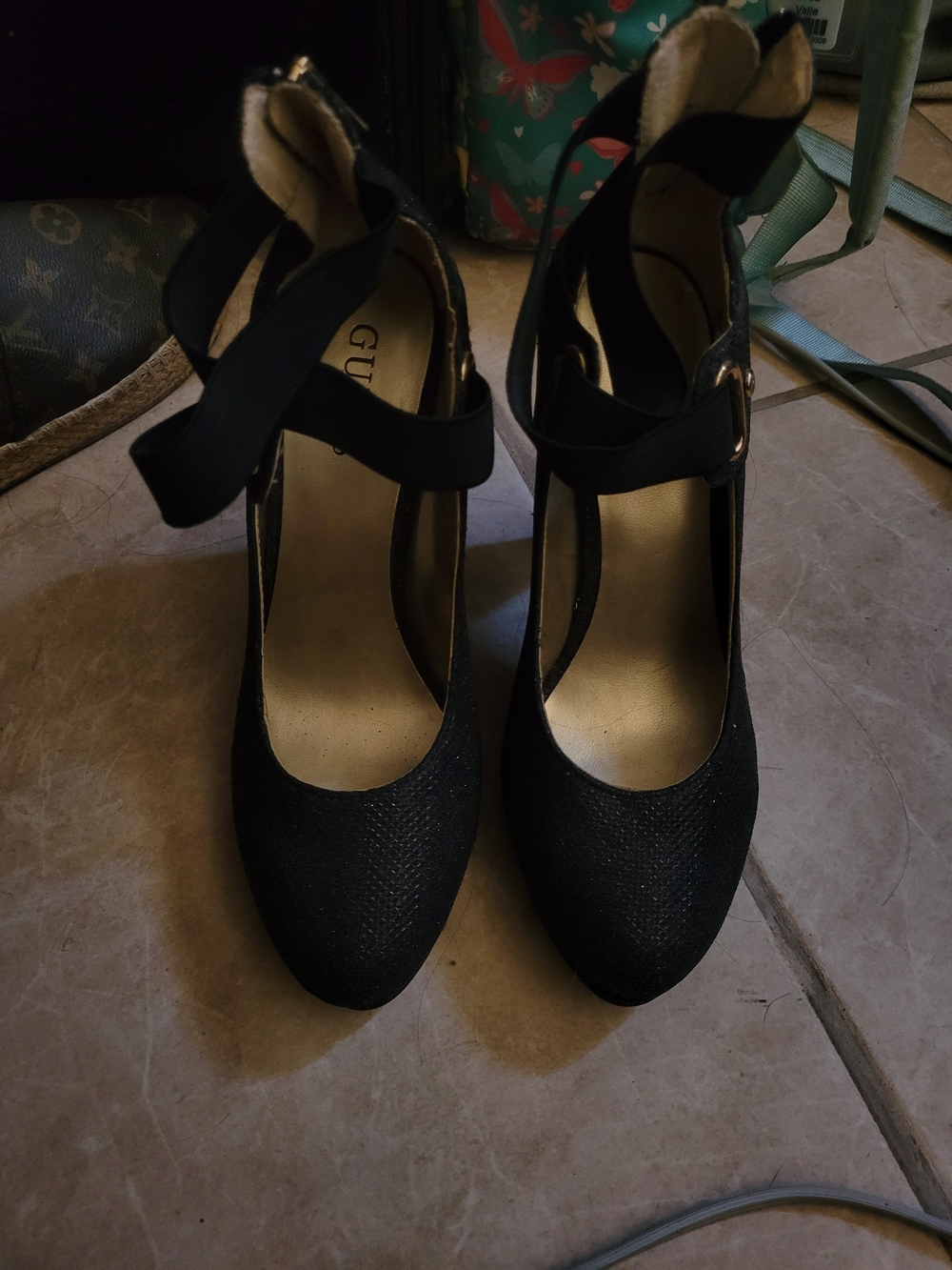GUESS Black Ankle-Strap Pointed-Toe Heels